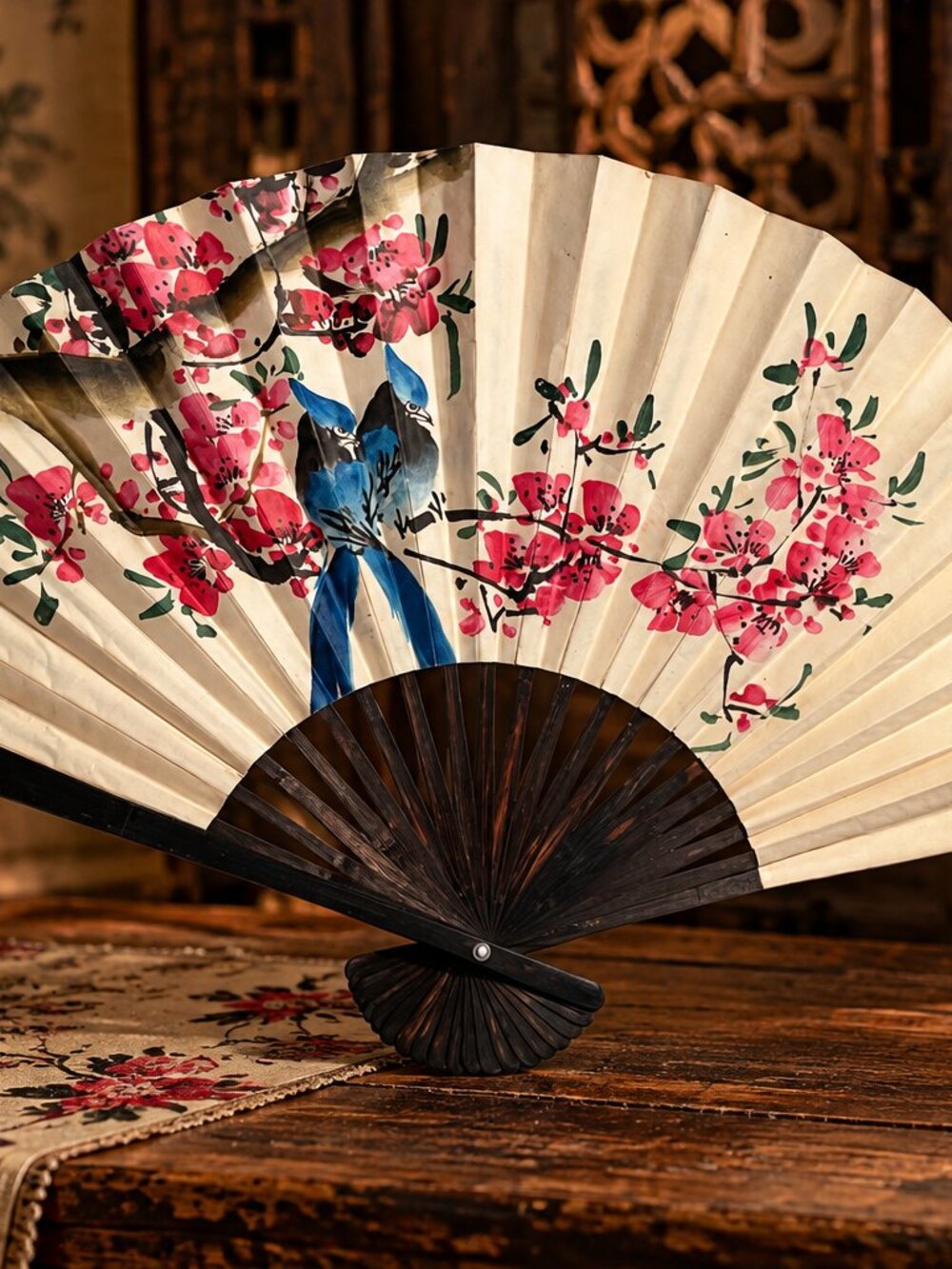 Vintage Asian Folding Fan Cherry Blossoms & Blue Birds Large 19"